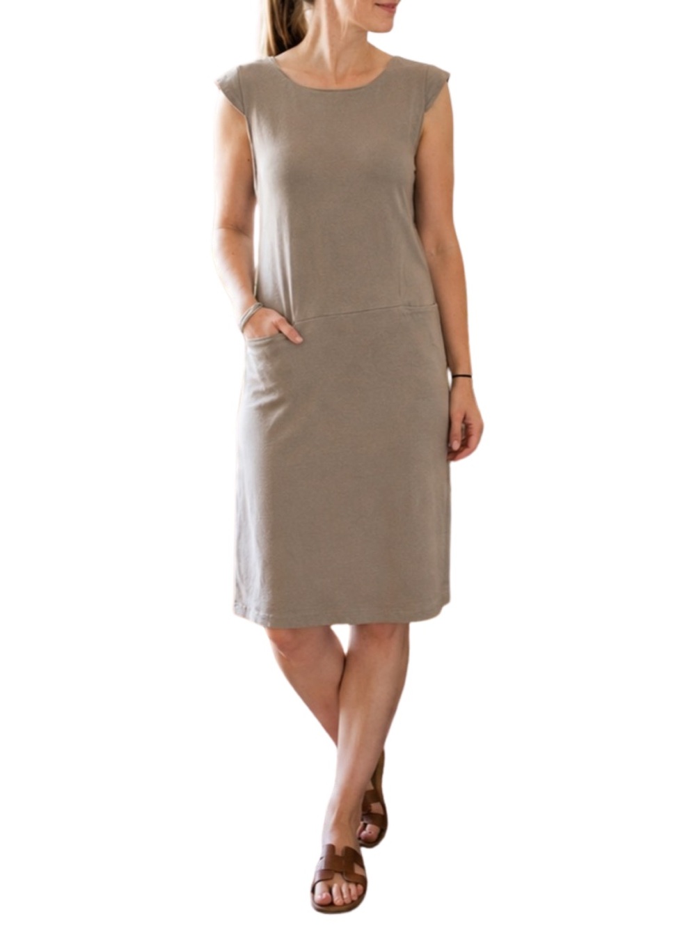 Prologue Linen Blend Lagenlook Midi Dress with Tie Waist and Pockets - L - Tan